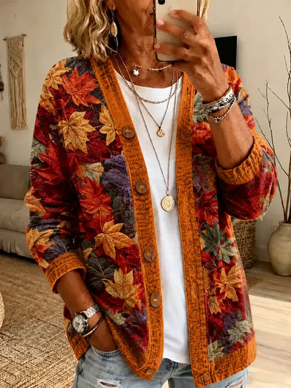 Women'S Casual Autumn Maple Leaf Cardigan Top